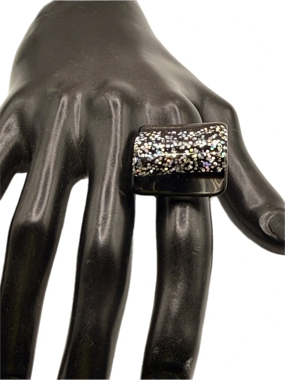 Black Acrylic Sparkle Glitter Square Statement Ring Adjustable